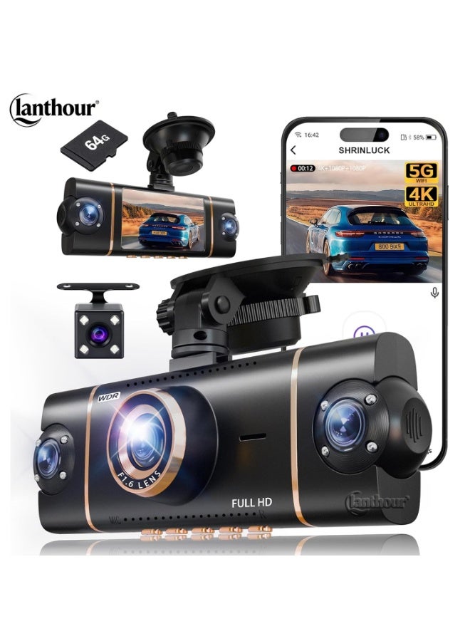 لانثور كاميرا داش 4K + 3×1080P، أربعة قنوات (أمامية، خلفية، يسار، يمين) | واي فاي 5GHz + GPS + تحكم عبر تطبيق الهاتف المحمول، مراقبة موقف السيارات على مدار 24 ساعة، رؤية ليلية بالأشعة تحت الحمراء، تشمل بطاقة SD بسعة 64 جيجابايت - Image 1
